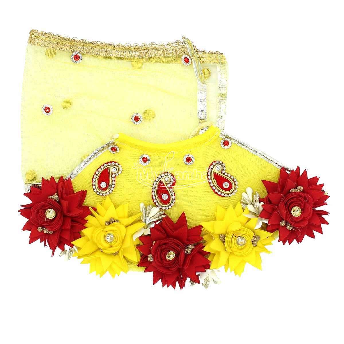 Yellow and Red flower decorated Lehenga patka